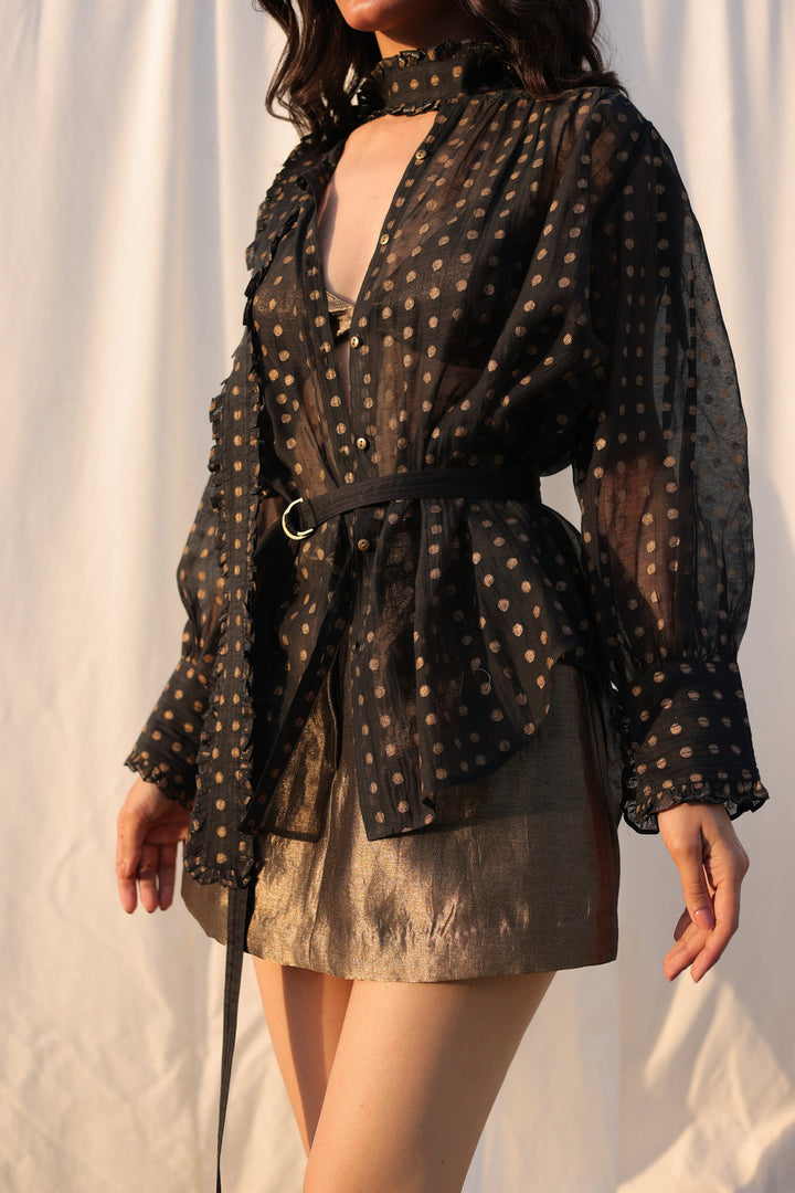 Victorian Gold printed Frill Shirt with a Tie - Black Cotton Silk Sheer Blouse