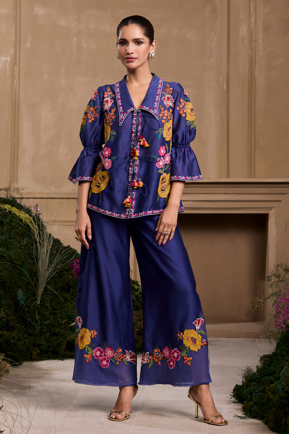 Cobalt Blue Floral Applique Tie-up Shirt