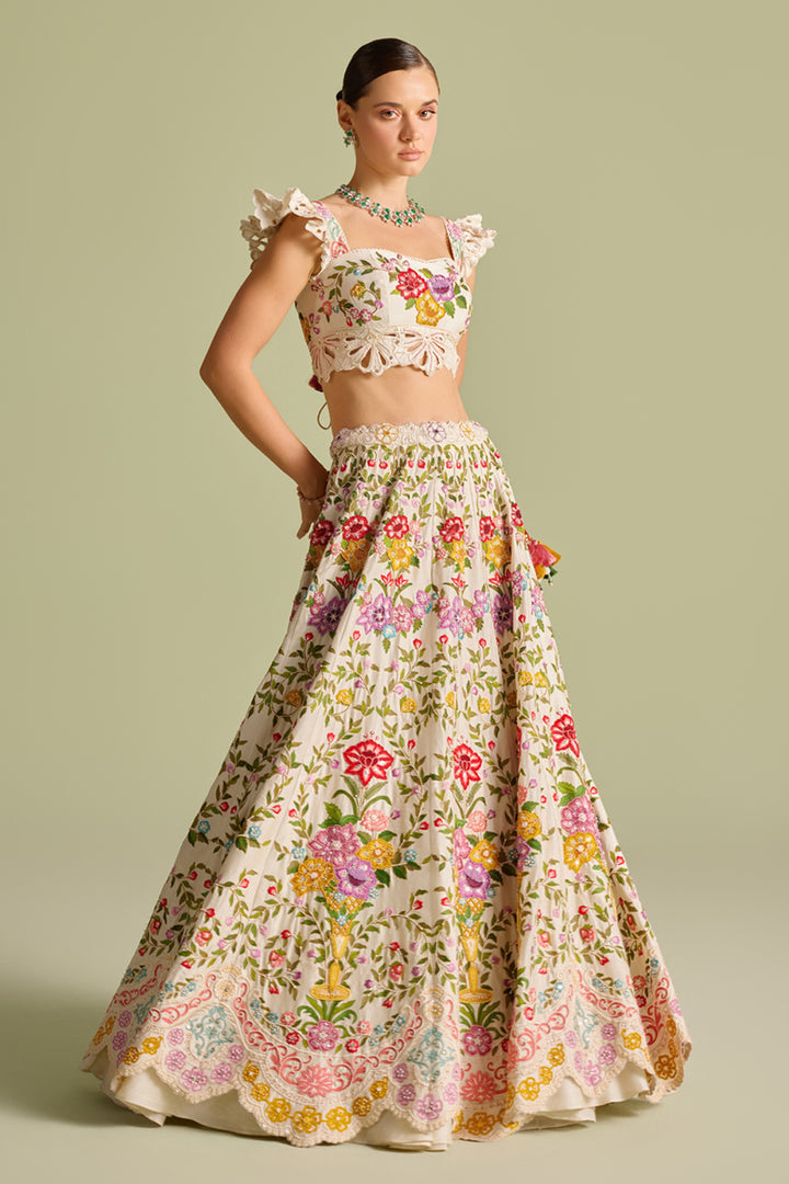 Ivory Multicolour Floral Threadwork Lehenga