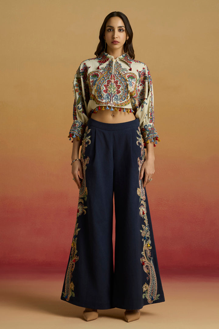 Indigo Contrast Paisley Flared Pants