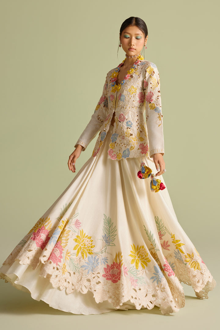 Ivory Pastel Embroiered Layered Lehenga
