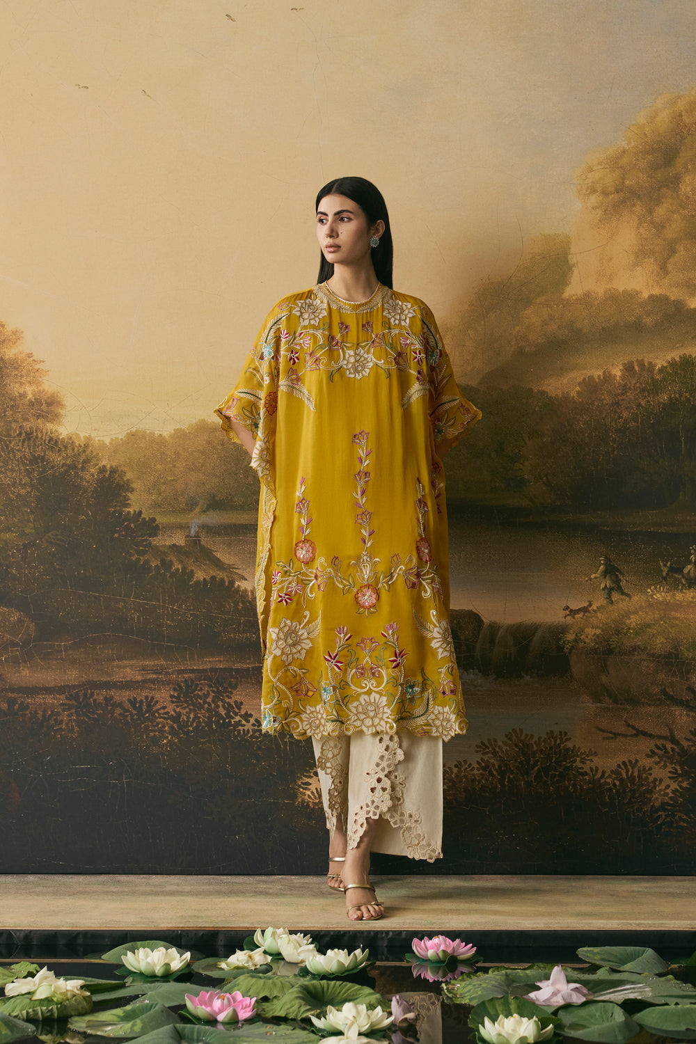 Amber Yellow Contrast Florals Kaftan