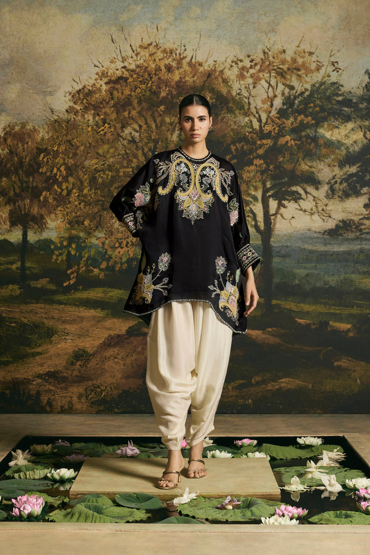 Black Contrast Paisley Detail Tunic With Harem Pants