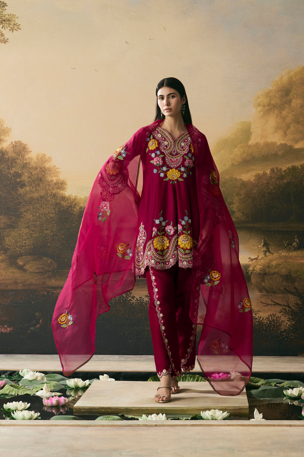 Cherry Red Floral Dupatta