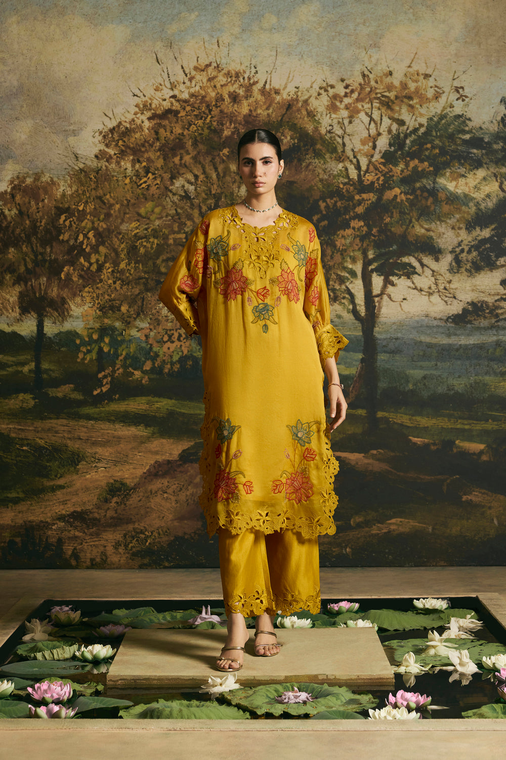 Amber Yellow Blossom Kimono Kurta With Pants