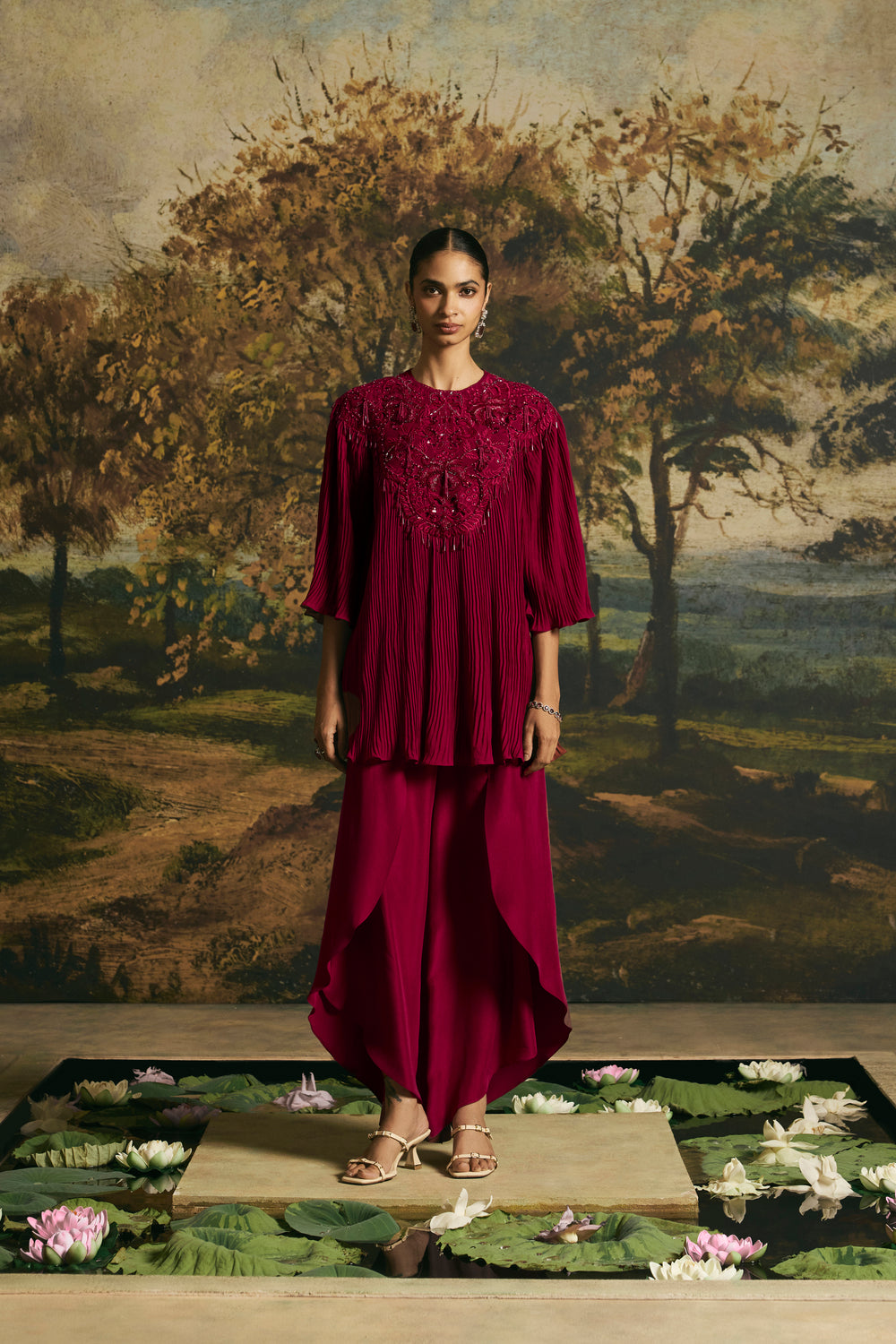 Cherry Red Cutwork Textured Tunic With Tulip Pants