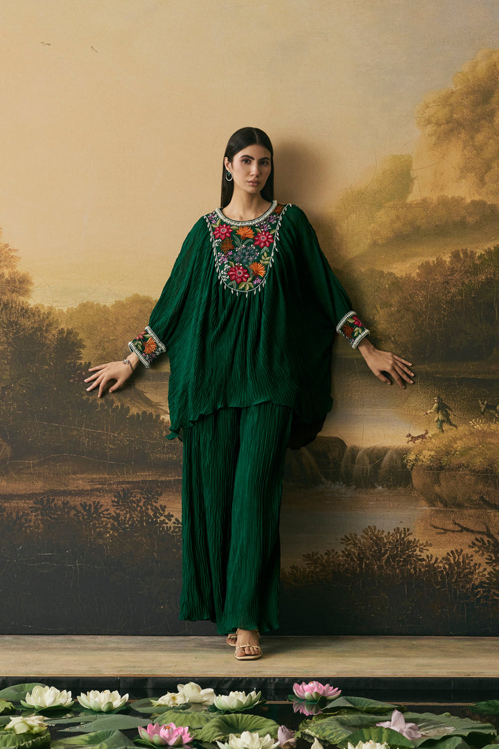Emerald Green Floral Textured Kimono Tunic With Pants
