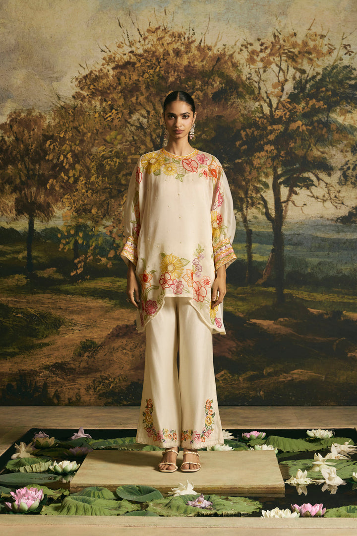 Ivory Floral Blossom Tunic With Cutwork Pants