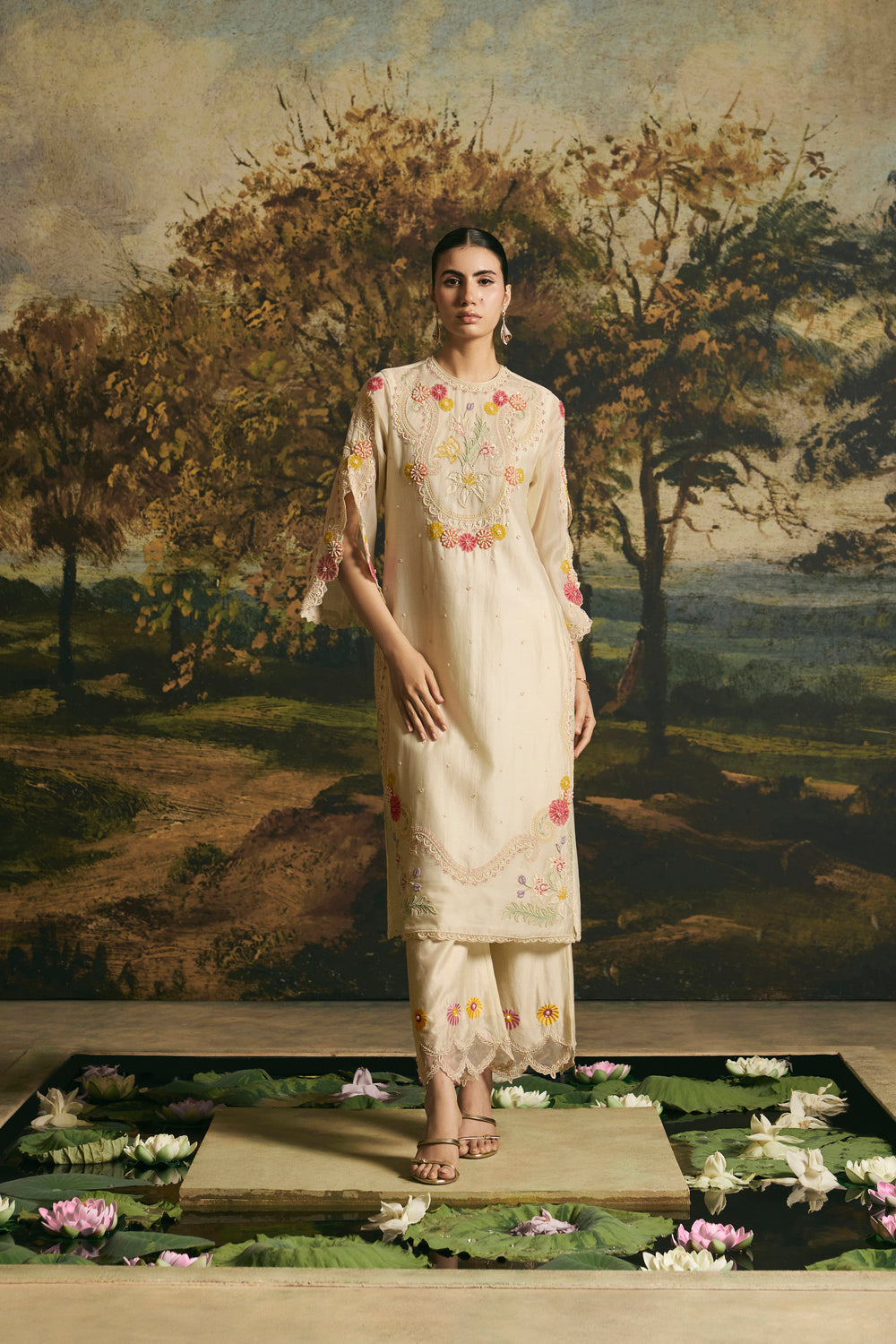Ivory Beadwork Panelled Kurta With Pants
