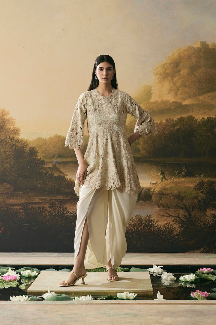 Ivory Cutwork Short Flared Kurta With Cowl Tulip Pants
