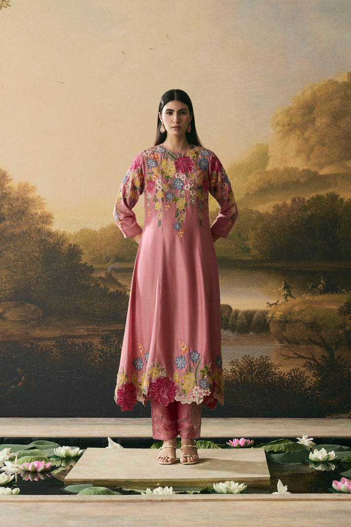 Pink Floral Medley Flared Kurta With Narrow Pants