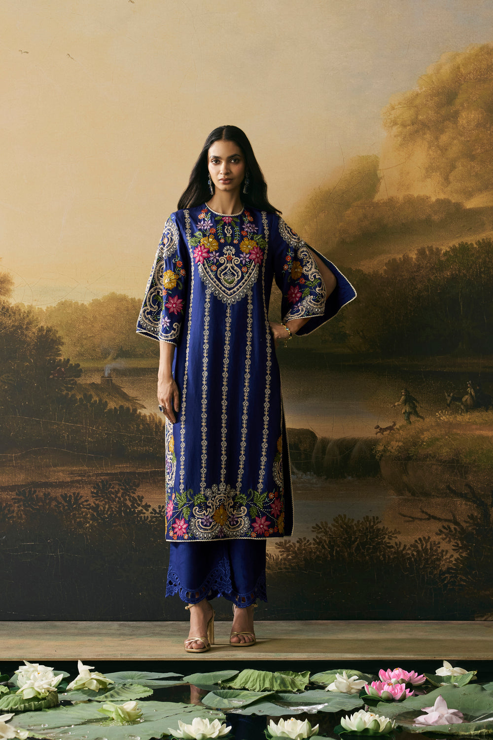 Cobalt Blue Multicoloured Floral Kurta With Pants
