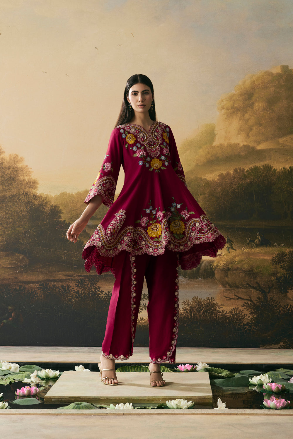 Cherry Red Contrast Cordwork Flared Short Kurta With Tulip Pants