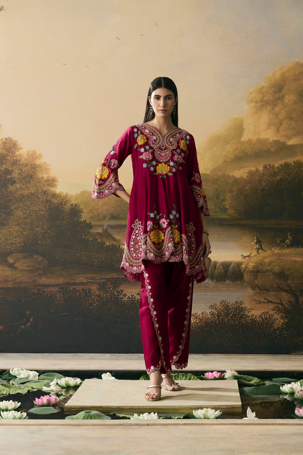 Cherry Red Contrast Cordwork Flared Short Kurta With Tulip Pants