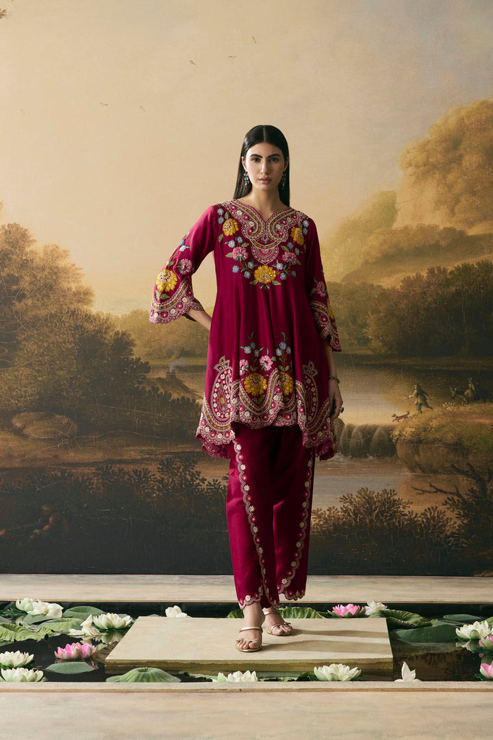 Cherry Red Contrast Cordwork Flared Short Kurta With Tulip Pants