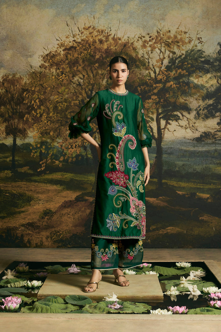 Emerald Green Paisley Detail Kurta With Pants
