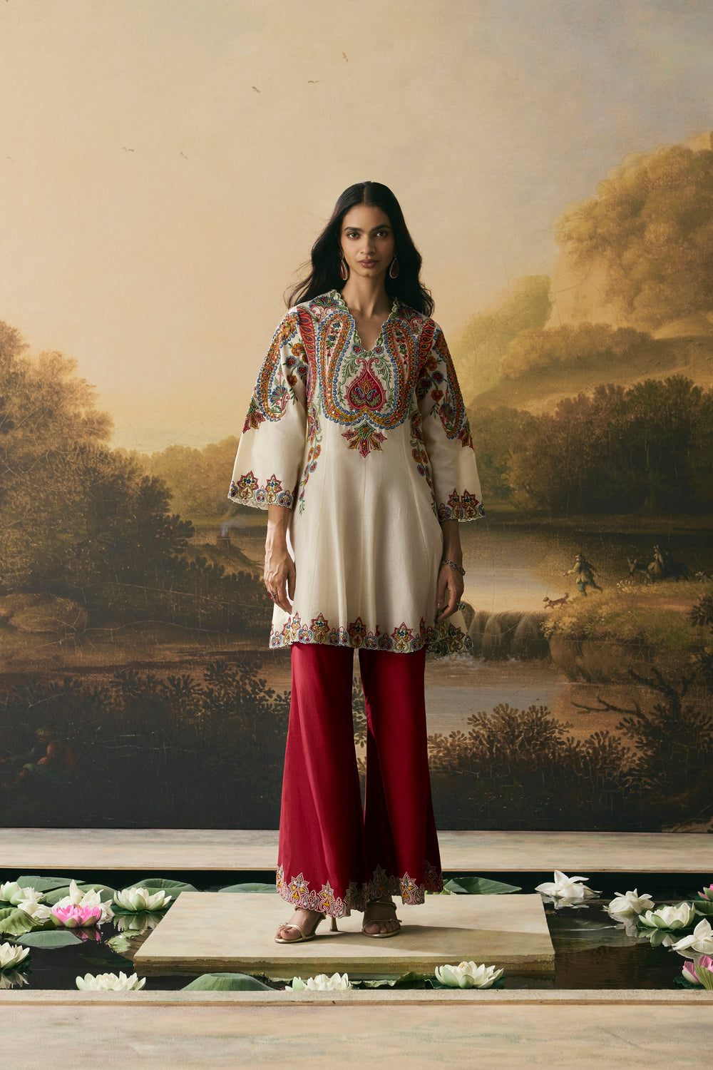 Ivory Contrast Paisley Flared Short Kurta With Bell Bottom Pants