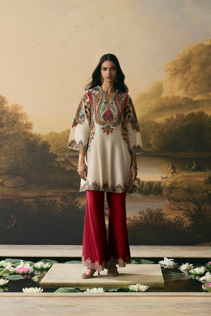 Ivory Contrast Paisley Flared Short Kurta With Bell Bottom Pants