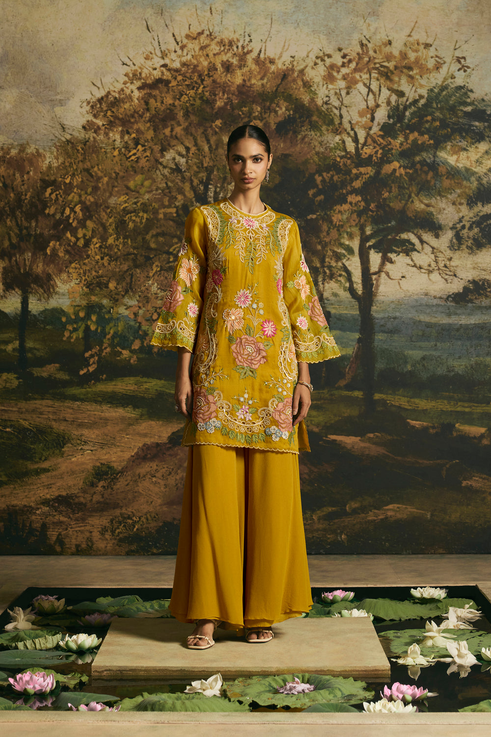 Amber Yellow Floral Medley Short Kurta With Sharara