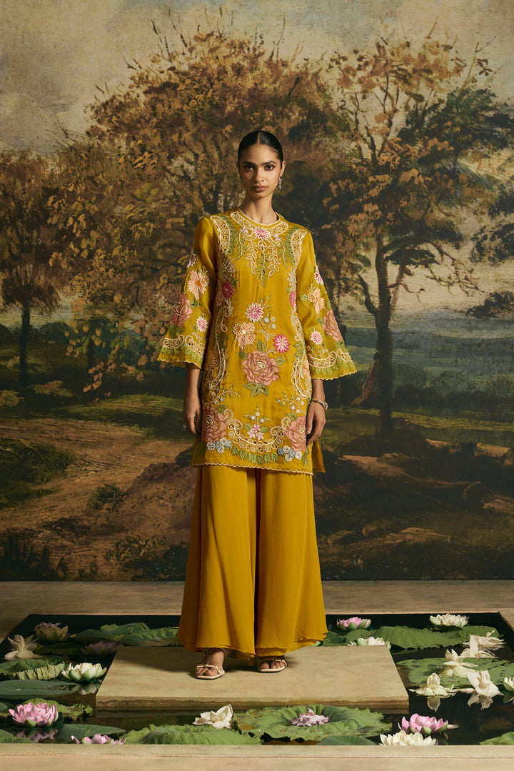 Amber Yellow Floral Medley Short Kurta With Sharara