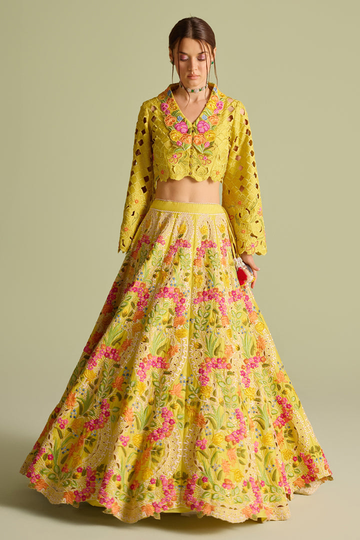 Yellow Multicolored Floral Embroidered Lehenga
