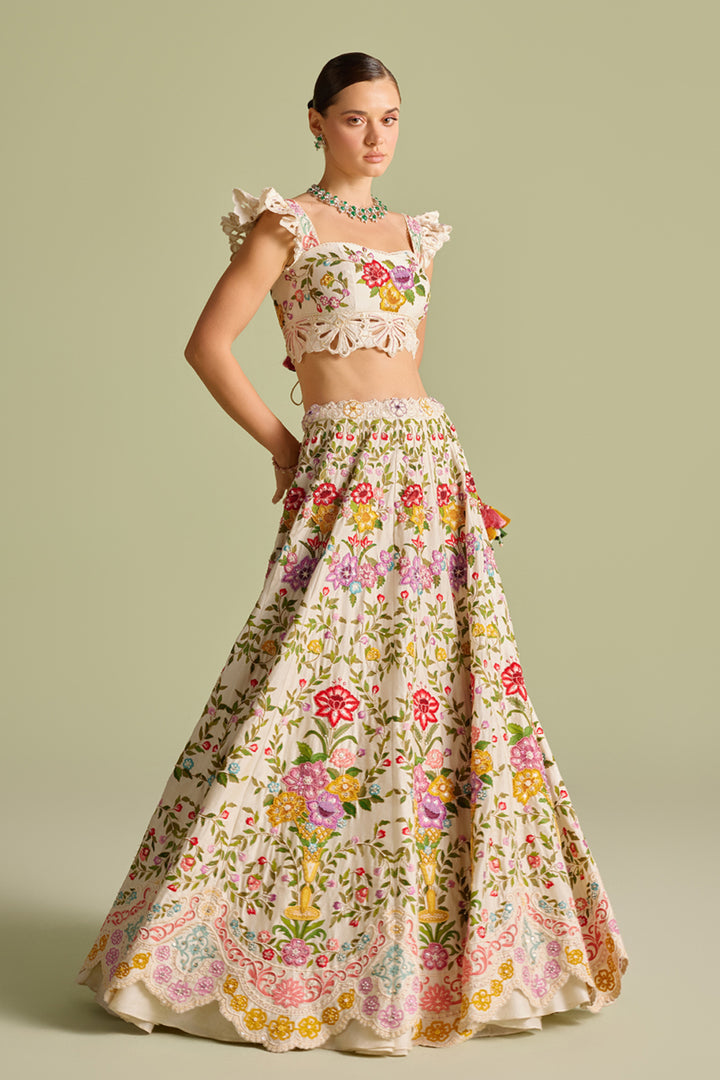Ivory Multicolour Floral Embroidered Bustier