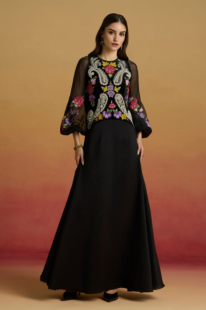 Black Contrast Paisley Flounce Dress