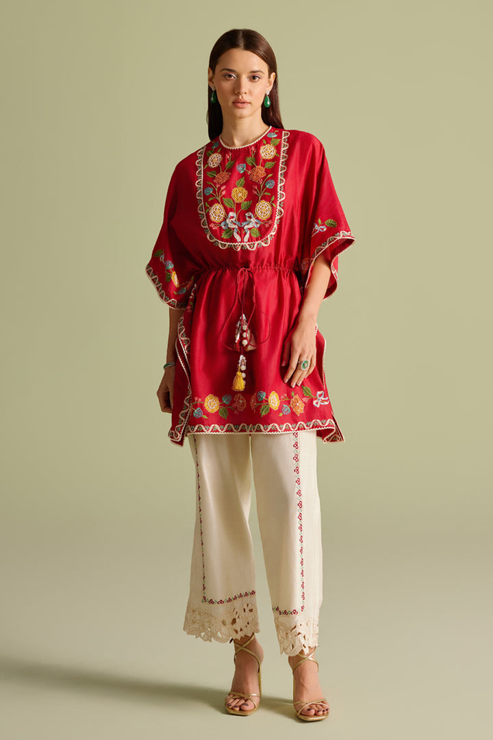 Red Embroidered Yoke Detail Kaftan
