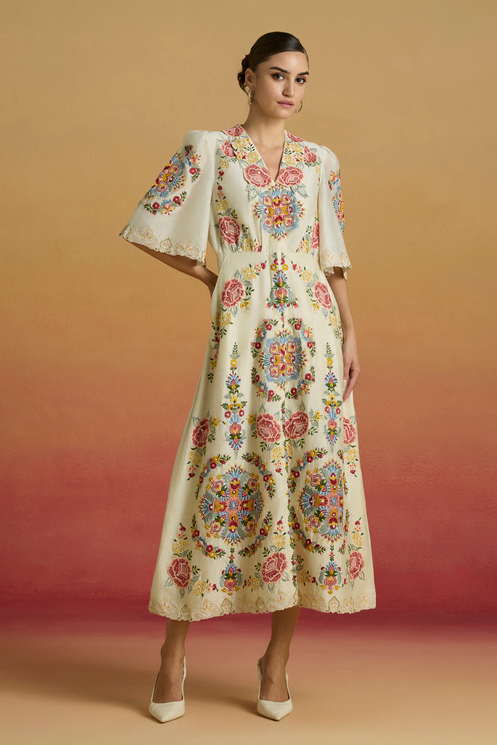 Ivory Floral Threadwork Shirt Dress