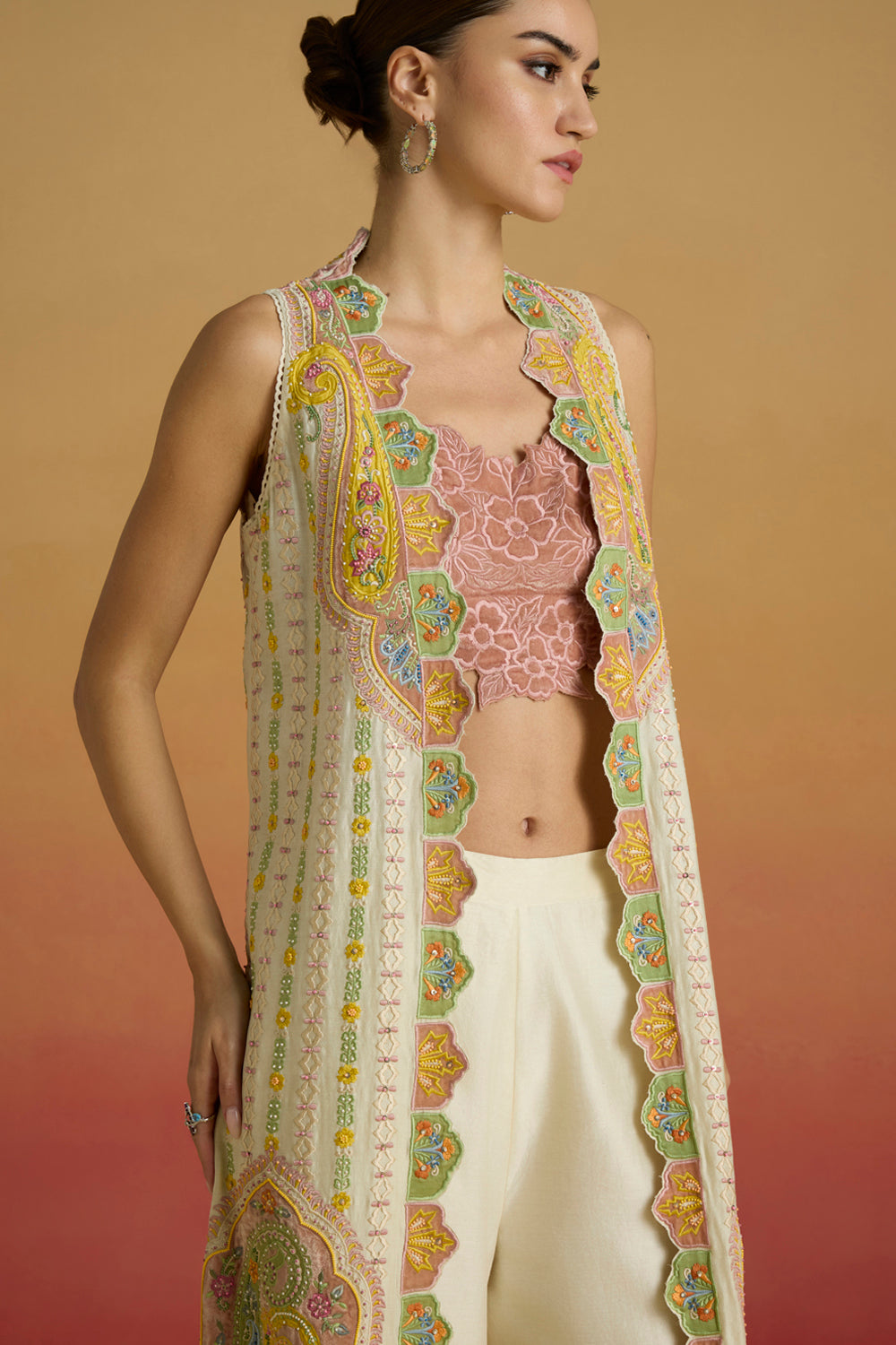 Ivory Applique Striped Long Jacket