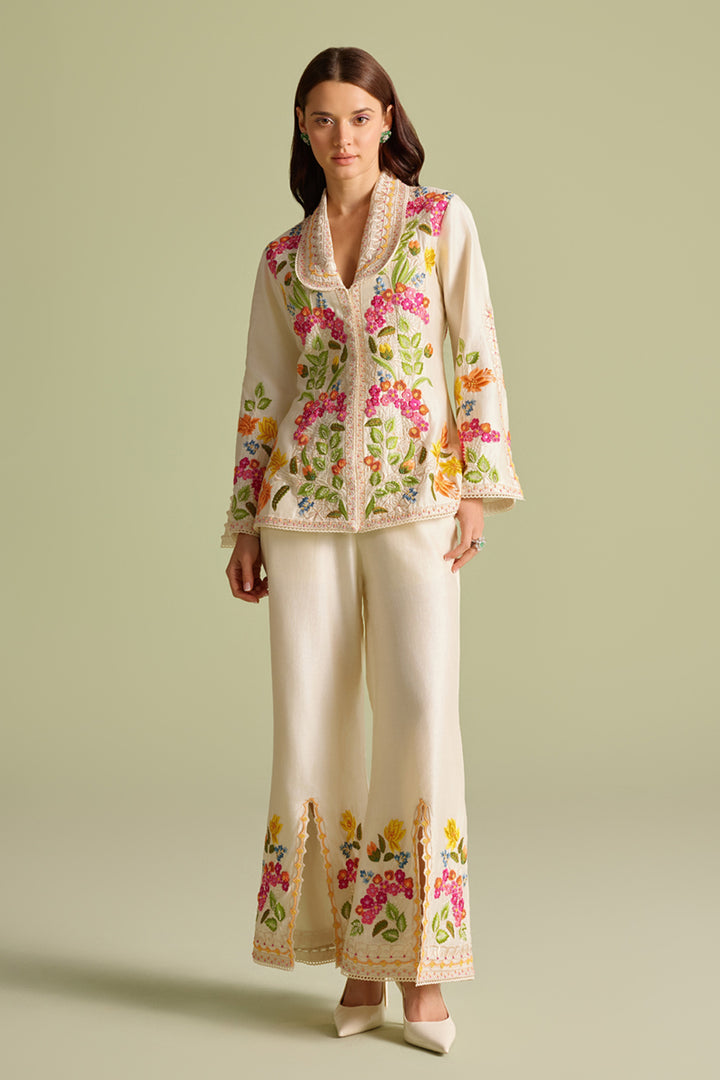 Ivory Floral Threadwork and Beadwork Flared Jacket