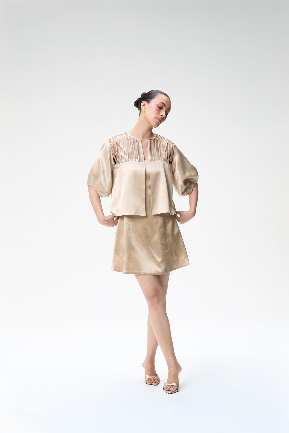 Champagne Bubble Sleeve Crop Jacket & Champagne Mini Dress