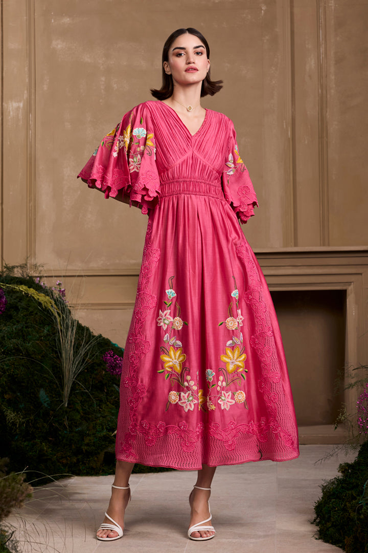 Fuchsia Floral Embroidered Ruched Dress