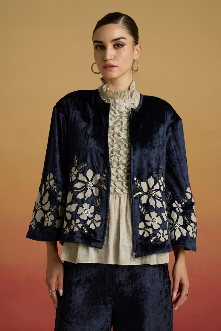Indigo Contrast  Silver Applique Short Jacket