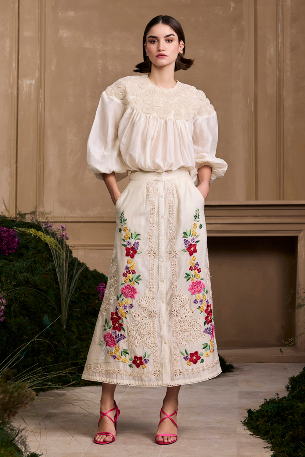 Ivory Floral Embroidered Buttondown Skirt