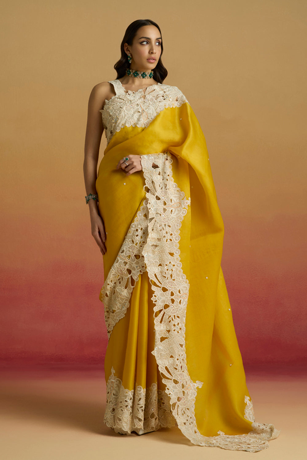 Yellow Contrast Cutwork Saree