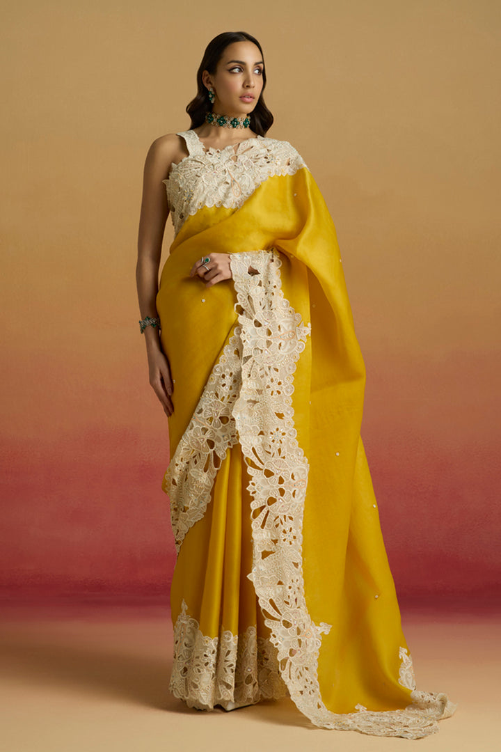 Yellow Contrast Cutwork Saree