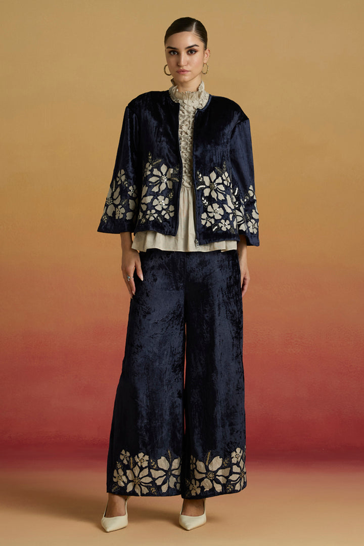 Indigo Contrast Silver Applique Flared Pants