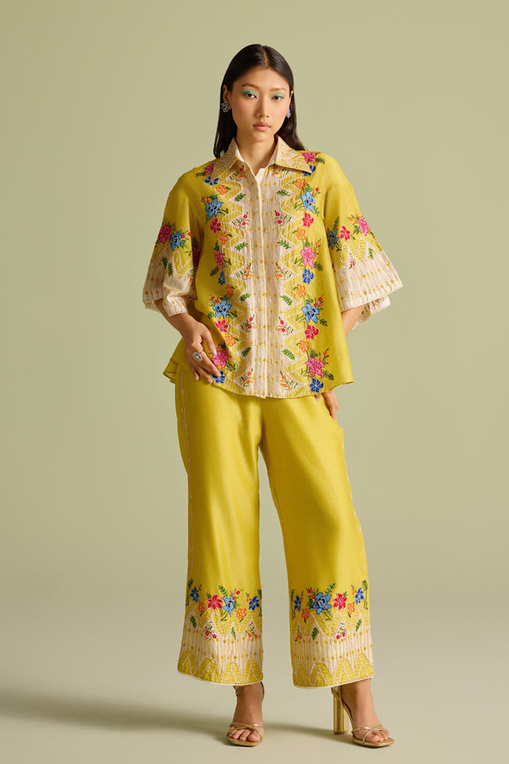 Yellow Floral Embroidered Color Block Pants