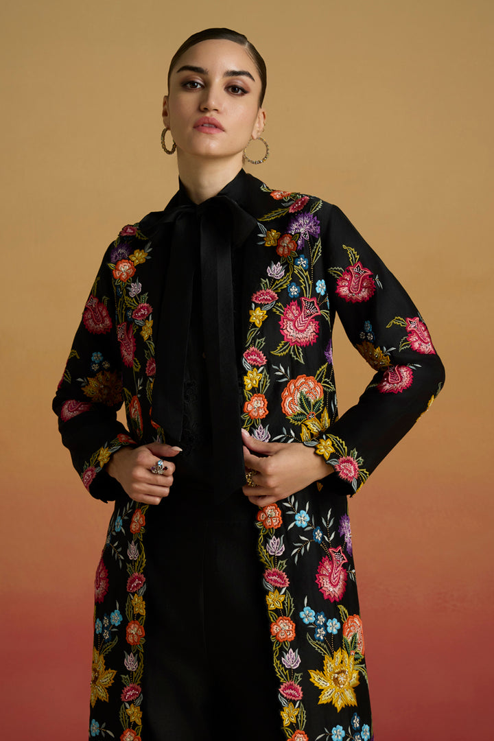 Black Floral Threadwork Long Jacket
