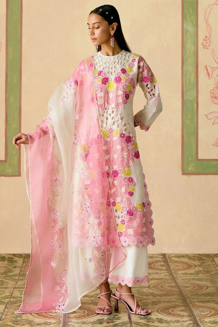 Ivory and pink color block dupatta