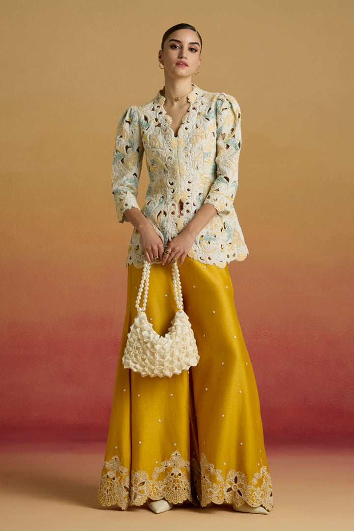 Yellow Contrast Cutwork Sharara