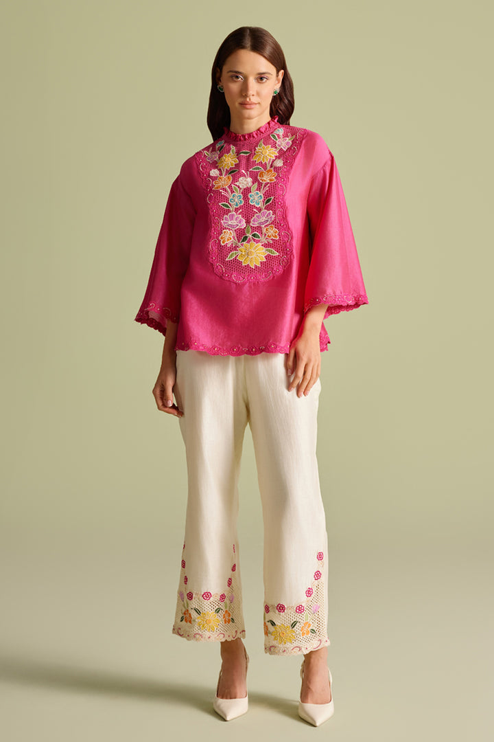 Fuchsia Mesh Yoke Detail Top
