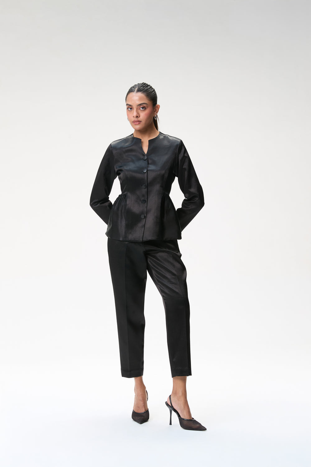 Black Peplum Jacket With Side Gathers & Black Tapered Trouser