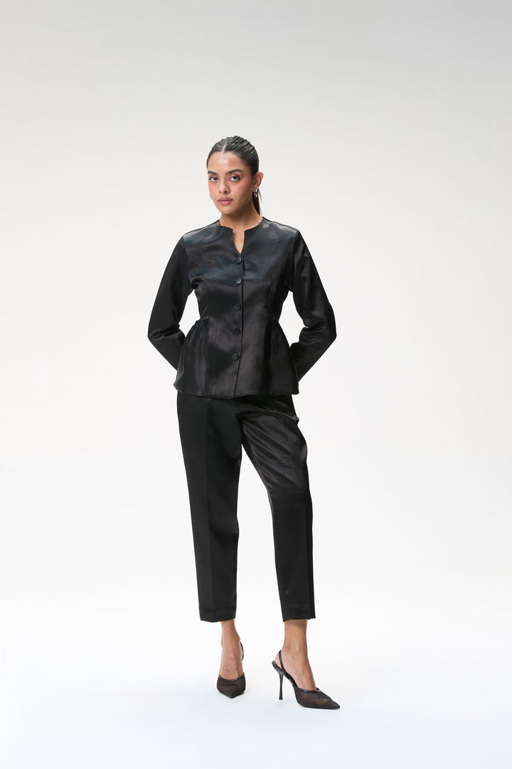 Black Peplum Jacket With Side Gathers & Black Tapered Trouser