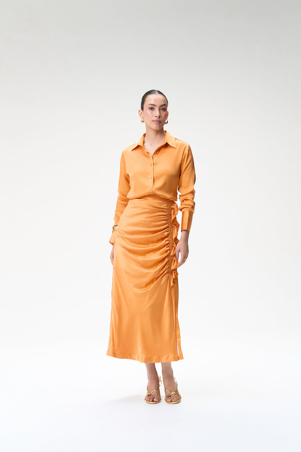 Coral Silk Shirt & Coral Side Ruched Silk Skirt