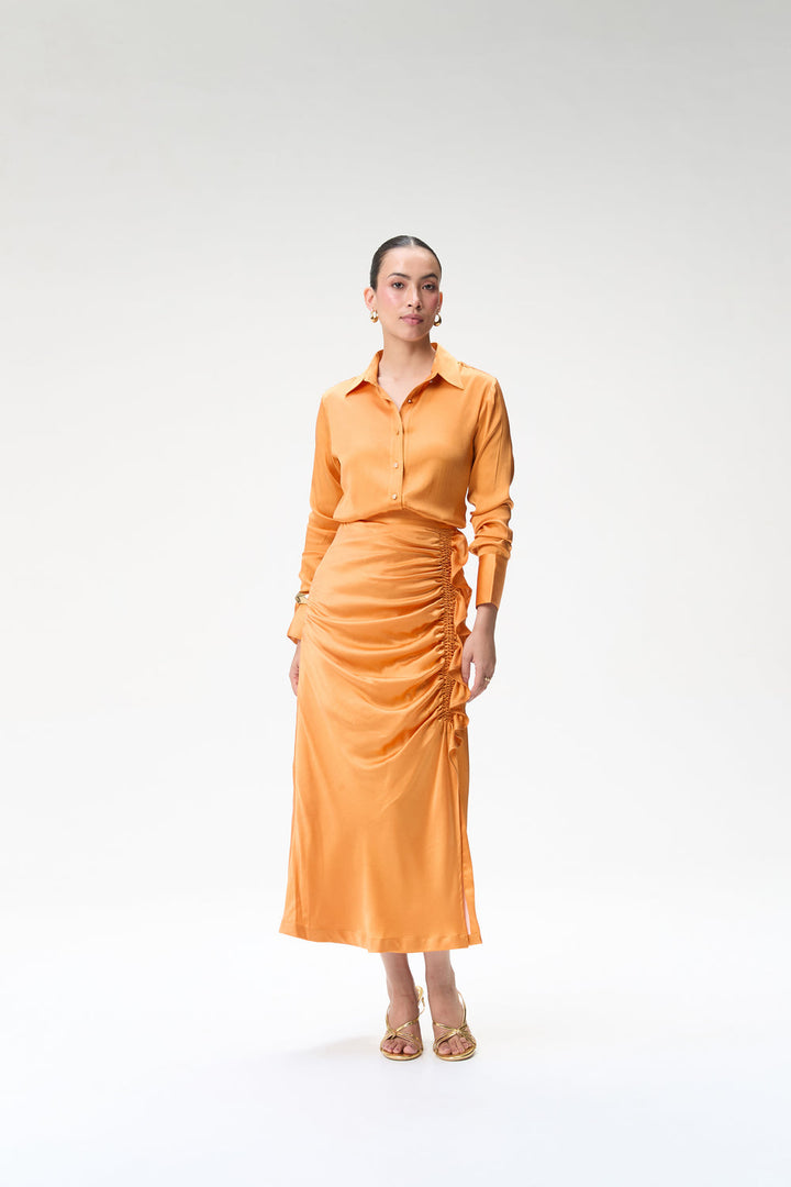 Coral Silk Shirt & Coral Side Ruched Silk Skirt