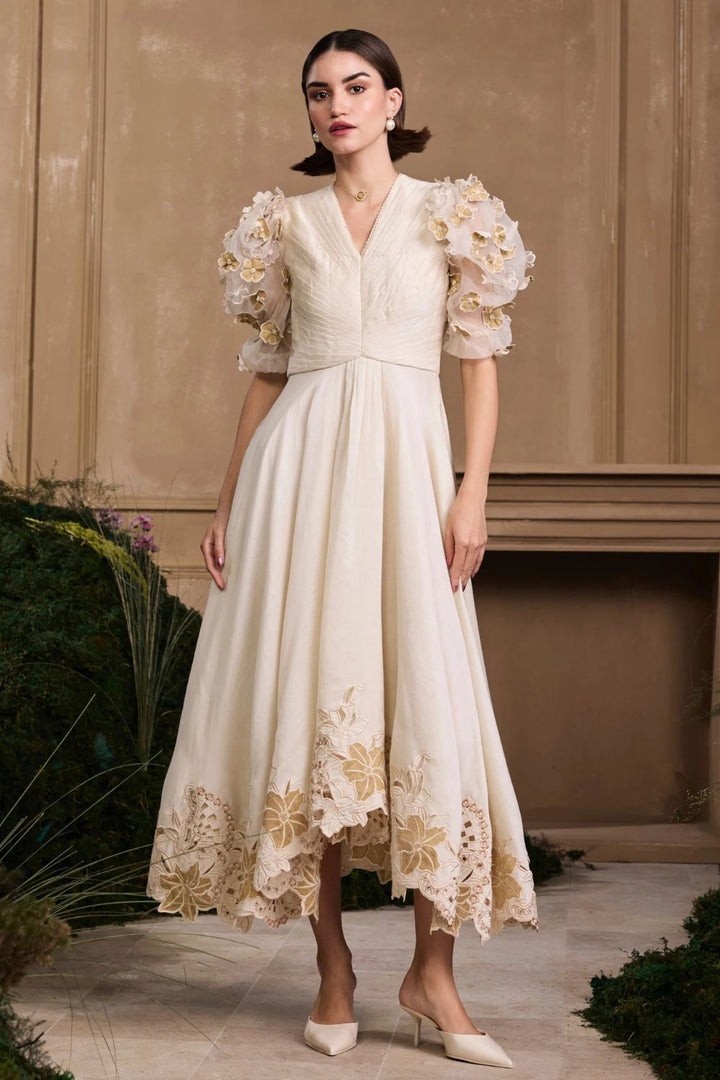 Ivory & Gold Pleated Embroidered Flounce Dress