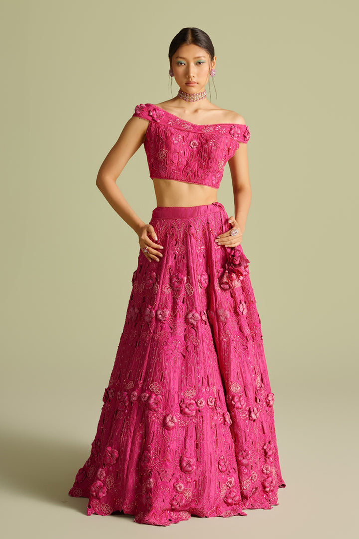 Fuchsia Cutwork and 3d Applique Lehenga