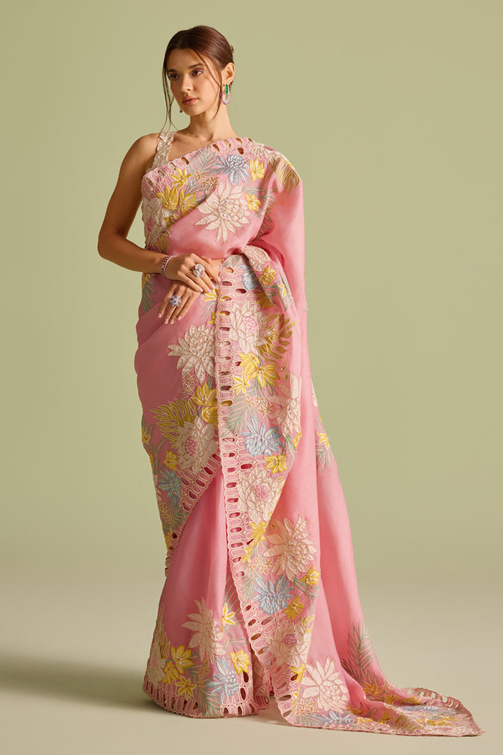 Pink Contrast Applique Embroidered Saree